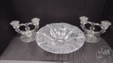 FENTON BOWL AND CANDLE HOLDERS, FLAIRED MING CRYSTAL BOWL