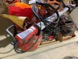 WORK LIGHTS, GAS CANS, JUMPER CABLES, 12V AIR COMPRESSOR, FUNNELS,