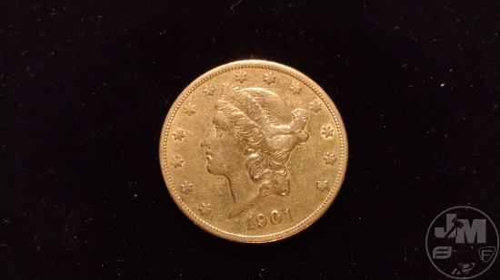 1901S $20 LIBERTY DOUBLE EAGLE GOLD COIN, VF/XF
