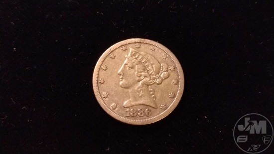 1886S $5 LIBERTY HEAD GOLD PIECE, VF