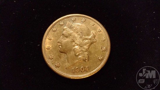 1904S $20 LIBERTY DOUBLE EAGLE GOLD COIN, XF