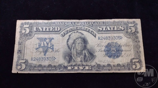 SERIES 1899 UNITED STATES $5 SILVER CERT, BLUE SEAL, INDIAN