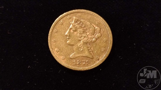 1879 US $5 CORONET GOLD PIECE, VF