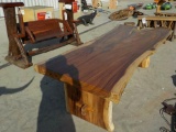 Teak Wood Slab Table c/w 2 Benches, Rustic