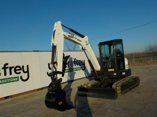 2018 Bobcat E45 Excavator c/w Cab, Rubber Tracks, Blade, Swing Boom, QH, Aux Hydraulics,