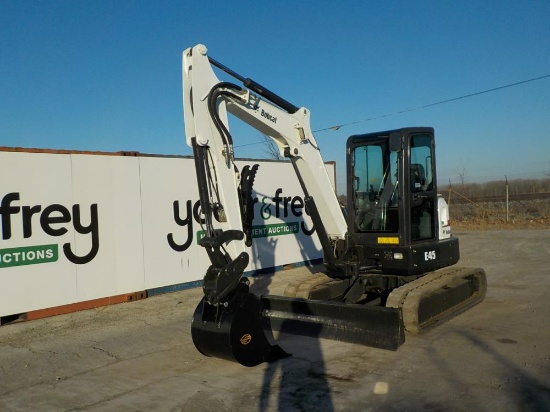 2018 Bobcat E45 Excavator c/w Cab, Rubber Tracks, Blade, Swing Boom, QH, Aux Hydraulics,