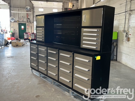 Unused 9' Work Bench c/w 20 Drawers; 10 Drawers, 2 Cabinets on Top Tier