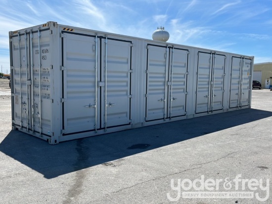 Unused 40' HQ Container, 4 Side Door, One End Door, Lock Box, Side Forklift Pockets