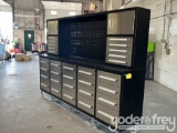 Unused 9' Work Bench c/w 20 Drawers; 10 Drawers, 2 Cabinets on Top Tier