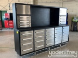 Unused 9' Work Bench c/w 20 Drawers; 10 Drawers, 2 Cabinets on Top Tier