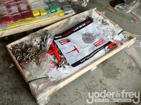 Unused 5400lbs Ratchet Binder (5 of), 5/16" 20' G70 Chains (10 of)
