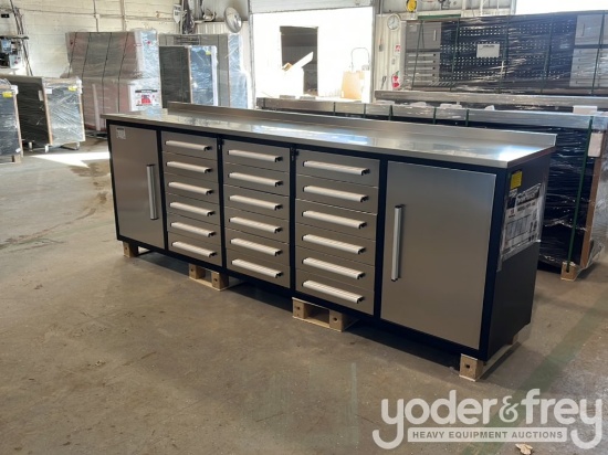 Unused 2025 10' Work Bench c/w 18 Drawers, 2 Cabinets, Lock, Anti-Slip Inners, 3 Rail Sliding, Stain