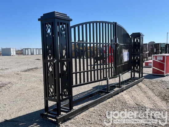 Unused 20' Farm Iron Gate, Double Arc c/w Deer Design