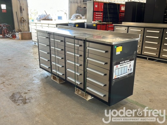 Unused 2025 7' Work Bench c/w 20 Drawers, Lock, Anti-Slip Inners, 3 Rail Sliding, Stainless Steel