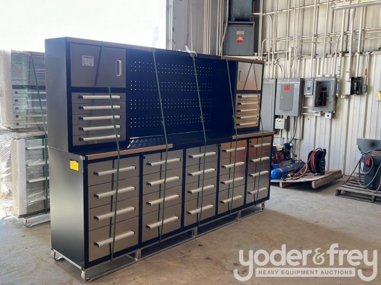Unused 2025 9.5' Work Bench c/w 30 Drawers, Lock, Anti-Slip Inners, 3 Rail Stainless Steel