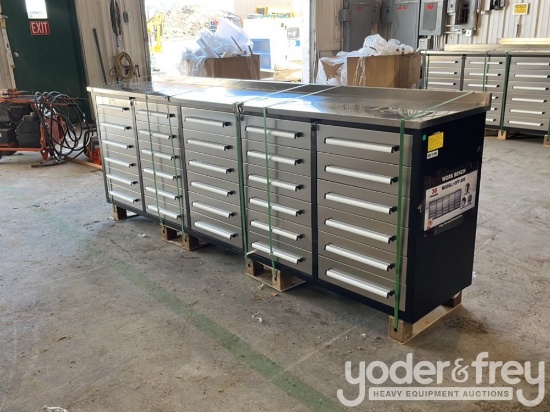 Unused 2025 10' Work Bench c/w 30 Drawers, Lock, Anti-Slip Inners, 3 Rail Sliding, Stainless Steel