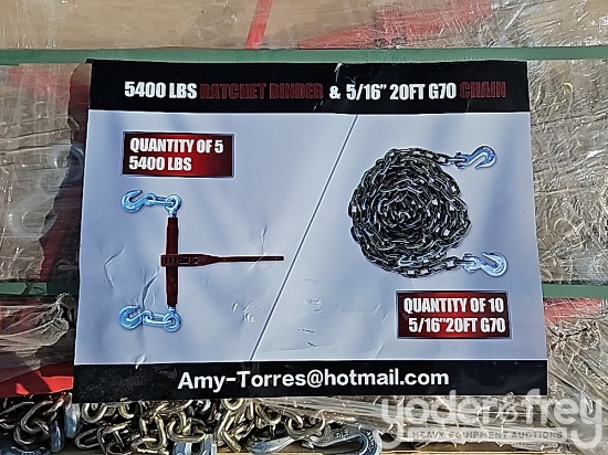 Unused 2025 Qty of (5) 5400LBS Ratchet binder and Qty of (10) 5/16" 20' G70 chain