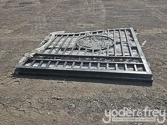Unused 2025 14' Iron Gate, Bi-Parting Iron Gate, With artwork "Heavy Duty Tree" in the Middle of Gat