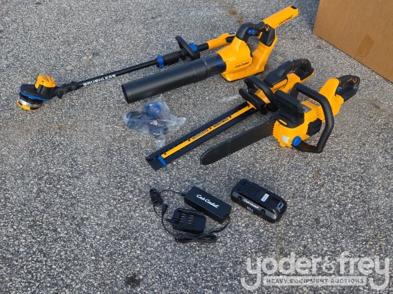 Unused 6 pc Cub Cadet Tool Kit c/w HT24E Hedge Trimmer, CS160E Cordless Chainsaw, LB600E Leaf Blower