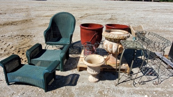 Wicker Chair, Ottoman and Planters