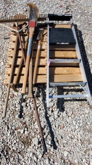 Three Step Ladder and Yard Tools