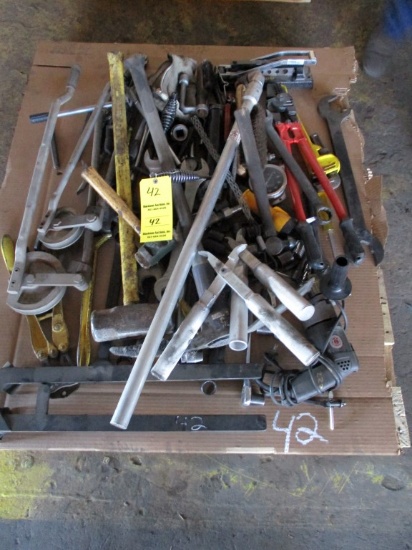 PALLET  WITH ELECTRIC DRILL, PIPE WRENCH, HAMMERS AND MISC TOOLS