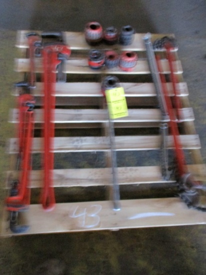 PALLET  WITH PIPE WRENCHES, CHAIN PIPE WRENCHES, DIES AND MORE