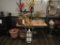 SQUARE TOP TABLE WITH VASES, LANTERN, (2) POTS, SLED, STAND,  & MISCELLANEO