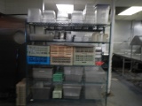 METRO SHELVING UNIT WITH PLASTIC TUBS, BINS, & DISHWASHING RACKS