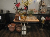 SQUARE TOP TABLE WITH VASES, LANTERN, (2) POTS, SLED, STAND,  & MISCELLANEO