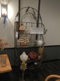 METAL DISPLAY SHELF WITH CONTENTS AND (2) CANDLE STANDS