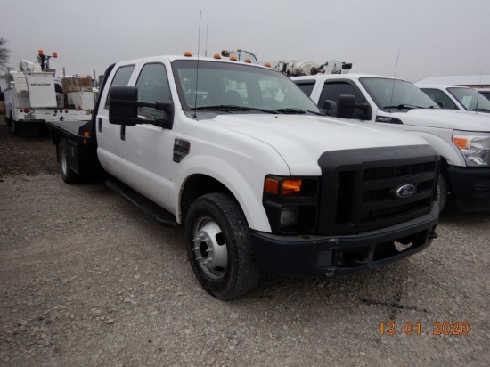 2009 FORD F-350 FLATBED TRUCK, 155,204+ mi,  V-10 GAS, 6-SPEED, PS, AC, AUX