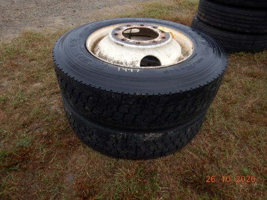 (2) ORIGINAL LO-PRO 24.5 LUG TIRES  ON HUB PILOTS