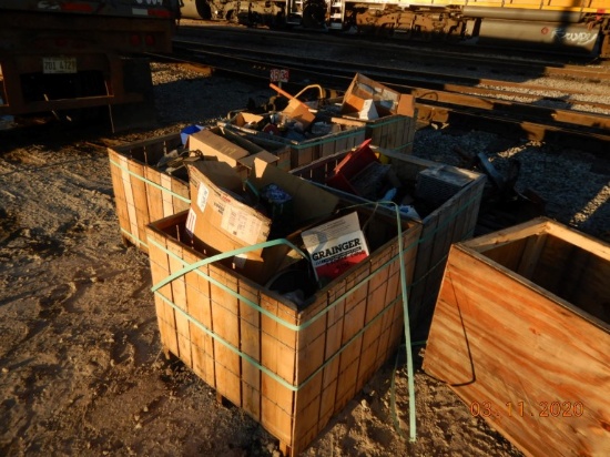(5) PALLETS WITH MISCELLANEOUS PARTS, TOOLS, BATTERY CHARGERS,  BOLTS AND N