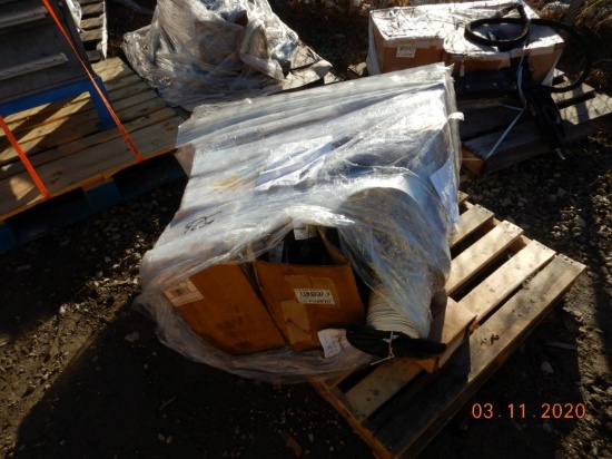 PALLET WITH SPOOLS OF WIRE, LOCOMOTIVE FUEL TANK FILLER CAPS AND MISC.