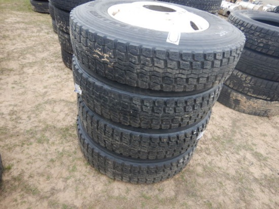 (4) 11R24.5 LUG CAP TIRES  (NEW), ON BUDDS