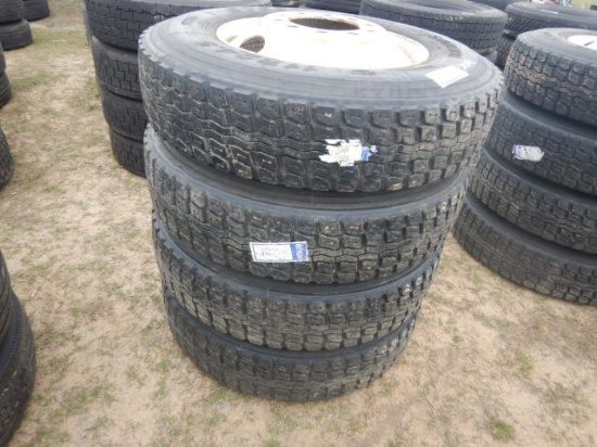 (4) 11R24.5 LUG CAP TIRES  (NEW), ON BUDDS