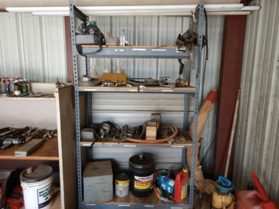METAL SHELF WITH ALL CONTENTS,  PARTS, LIGHTS, HOSE AND MORE MISC ITEMS