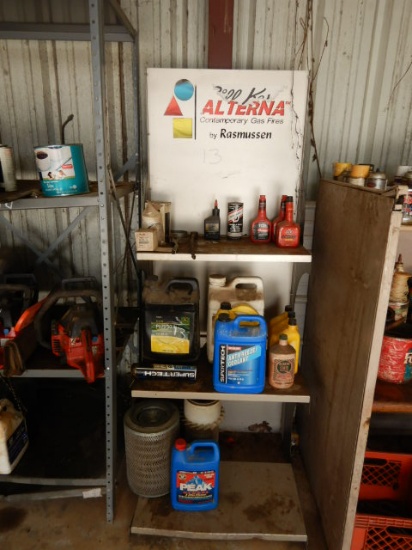 METAL SHELF WITH CONTENTS,  GAS TREATMENT OIL, ANTIFREEZE AND MISC ITEMS