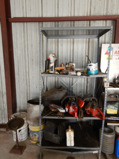 METAL SHELF WITH CONTENTS,  TWO CHAINSAWS, EXTRA CHAINS, BARS, OIL AND MORE