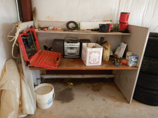 DESK WITH CONTENTS,  SONY RADIO, NAILS, SCREWS, ZIP TIES AND MORE MISC ITEM