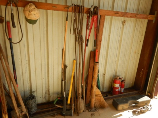 MISC LOT OF,  HAND TOOLS, POST HOLE DIGGERS, SPLITTING MAUL, BOLT CUTTERS,