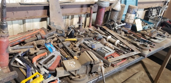 CONTENTS OF SHOP TABLE TO INCLUDE:  C-CLAMPS, WRENCHES, PIPE WRENCHES, HAMM