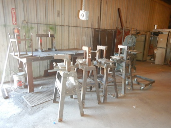 WELDING SCREENS, BANDSAW,  SHOP TABLE, (4) JIG / STANDS, AND MISCELLANEOUS
