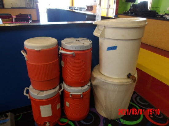 (4) WATER JUGS/COOLERS AND (2) LARGE DRINK CANS