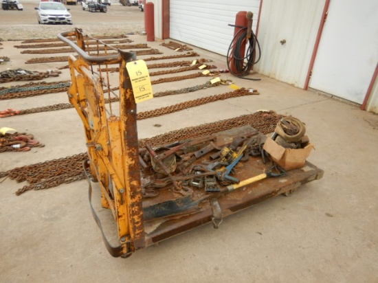 ROLL AROUND SHOP CART  WITH BINDER PARTS, HAMMER, HITCHES, & MISCELLANEOUS