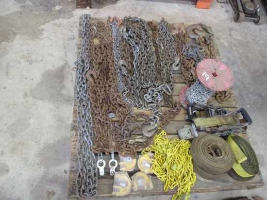 PALLET WITH CHAIN, STRAPS,  & MISCELLANEOUS