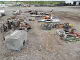 LOT OF ASSORTED PARTS, LIFT CABLES, CHALK BLOCKS, EXHAUST PIPES, AIR TANKS,