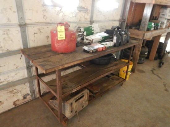 (2) WOODEN SHELVES, SHOP TABLE W/VISE W/CONTENTS,  OIL, BRAKES, HUBS AND MI