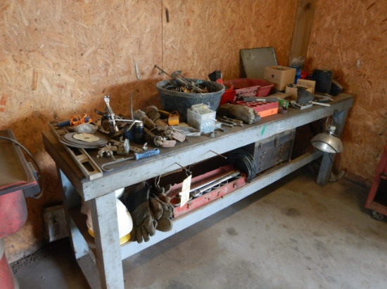 ALL ITEMS ON WORK BENCH, MISC. HAND TOOLS, ORINGS, BITS ETC.